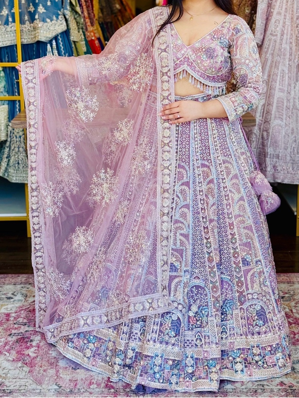 Embellished Lavender Lehenga Dress with Sheer Dupatta